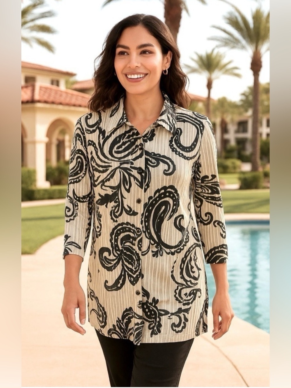 Chico’s Travelers Collection Black Cream Paisley Long Tunic Top Size 1 (M/L)